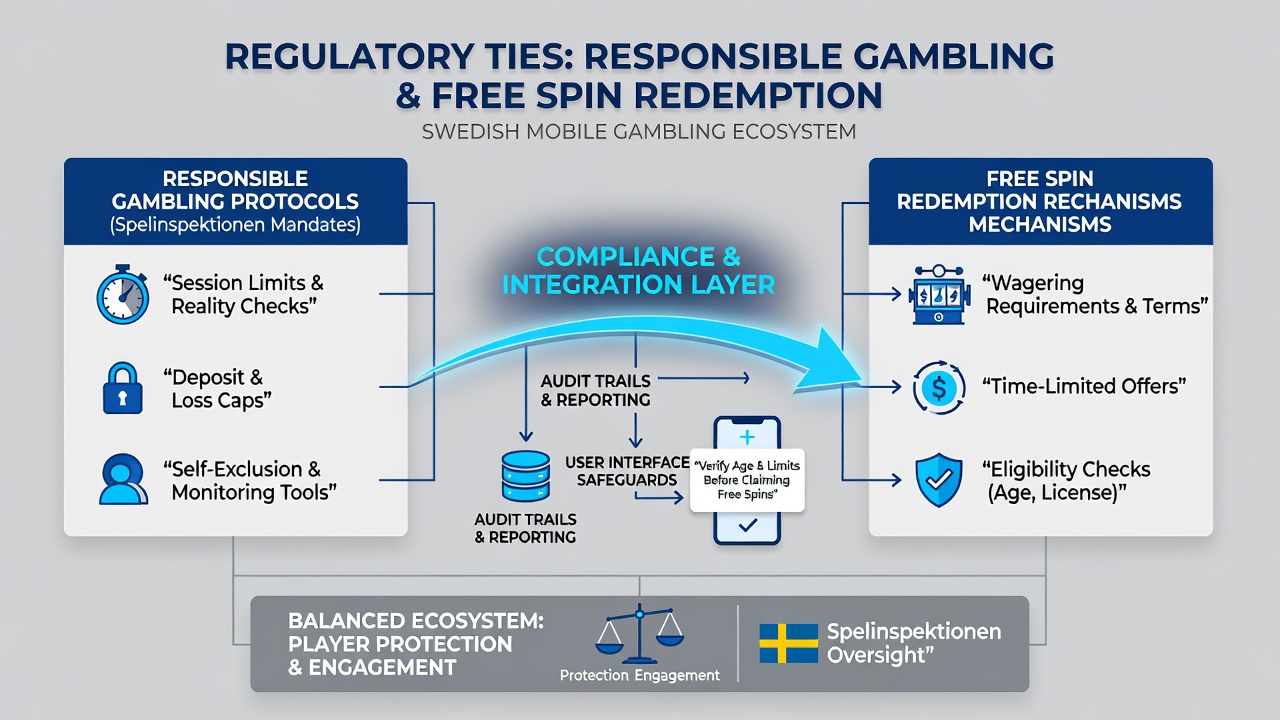 Diagram of regulatory workflow connecting responsible gambling checks to free spin redemption in jackpot games